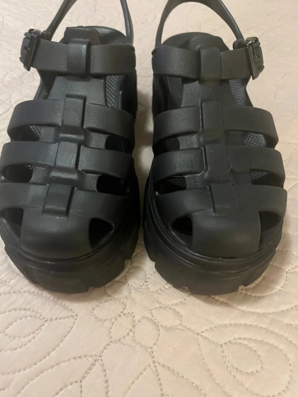 Skechers Foamies Black Caged Platform Fisherman Velcro Sandals Sz 6 - Picture 6 of 8